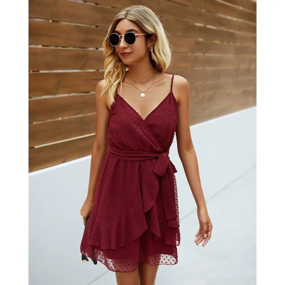 V Neck Ruffle Hem Swiss Dot Self Tie Cami Dress - Picture 1 of 1